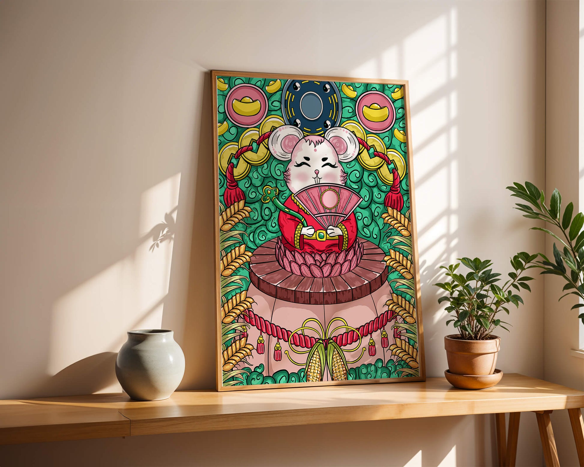 Encantador ratón decorativo con elementos asiáticos y monedas sobre un fondo vibrante.