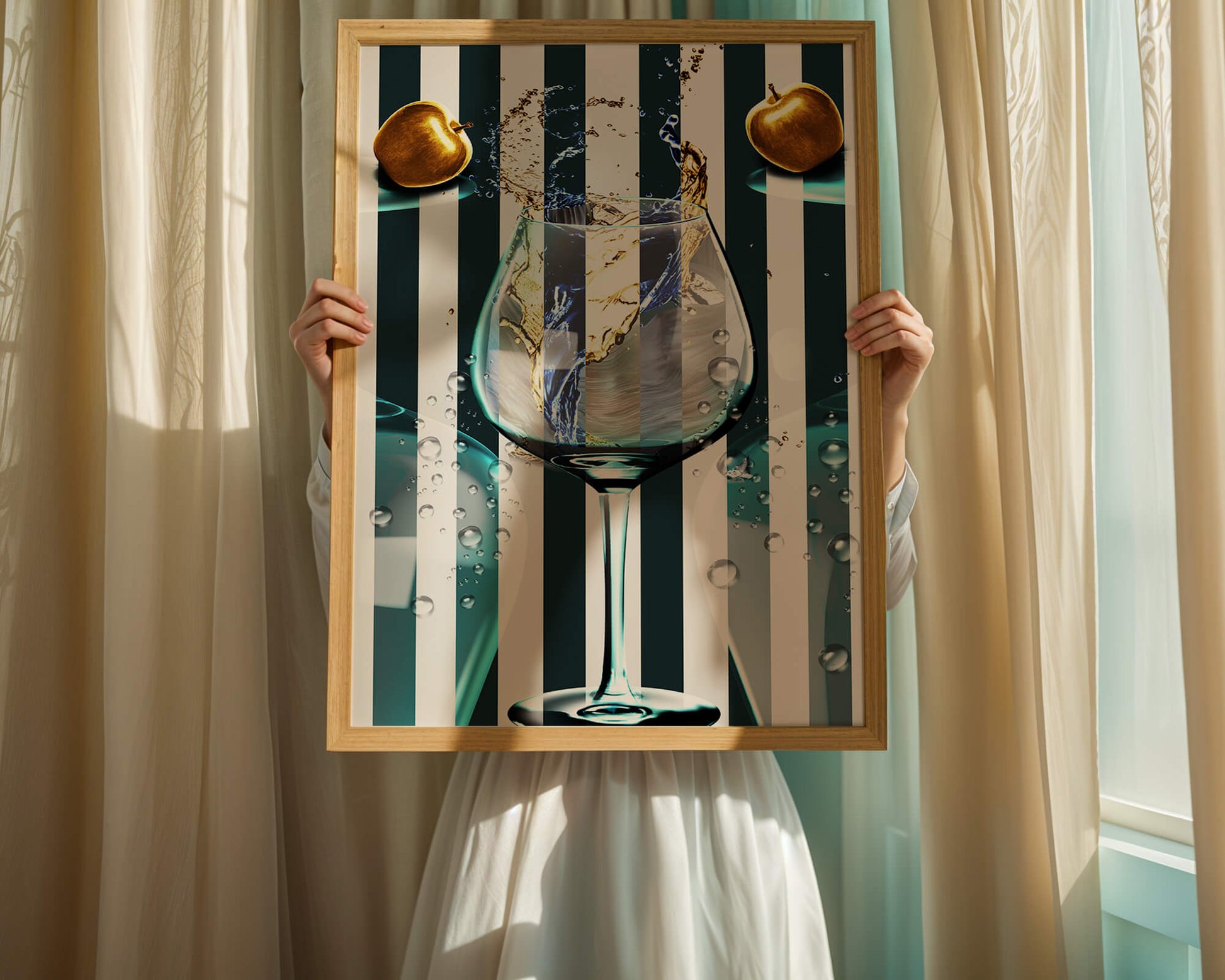 Elegant Glass of Champagne with Golden Apples and Striped Background