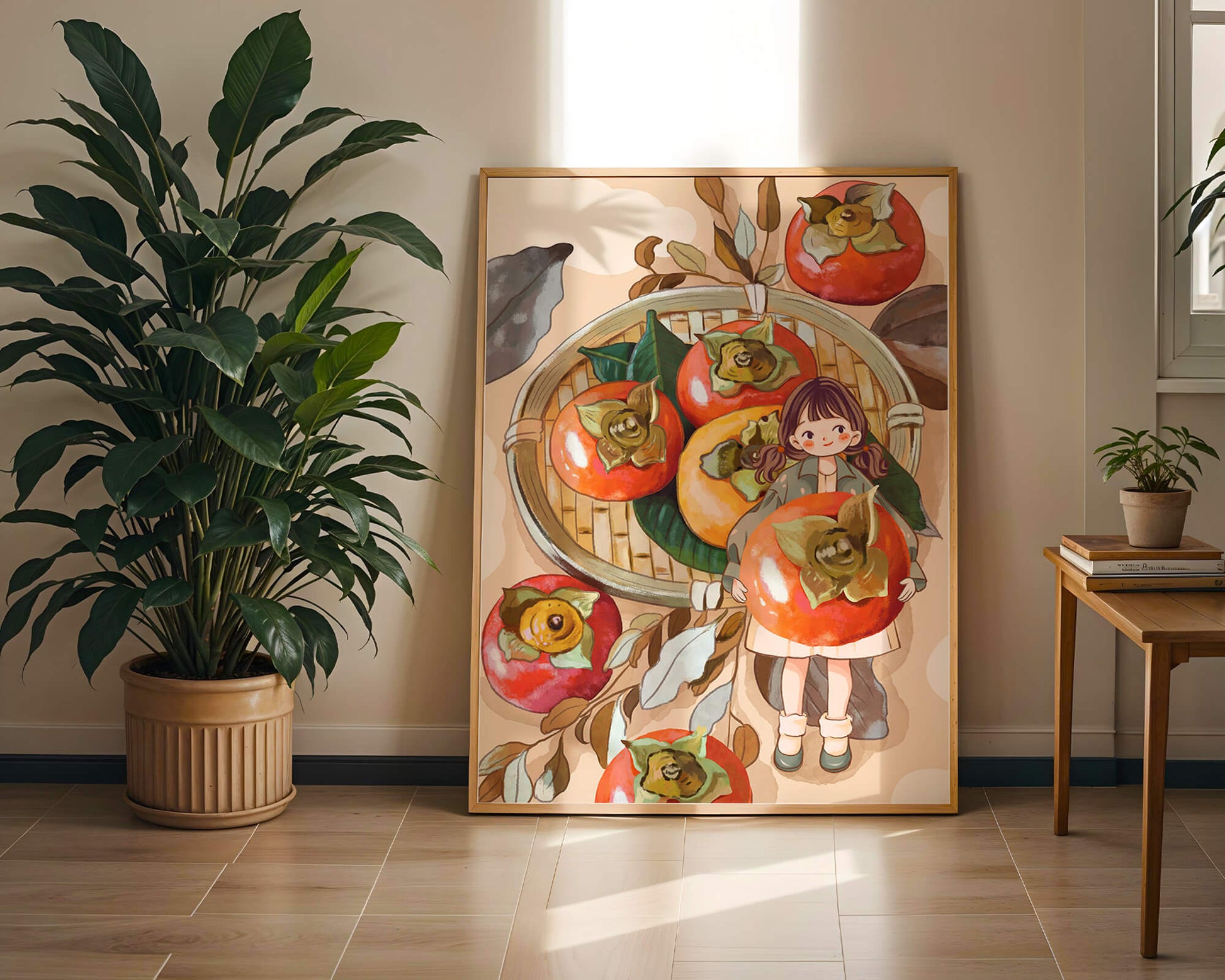 Joven sosteniendo un dátil en una escena de cosecha caprichosa