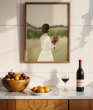 Woman in White Dress Holding Bouquet Facing Nature