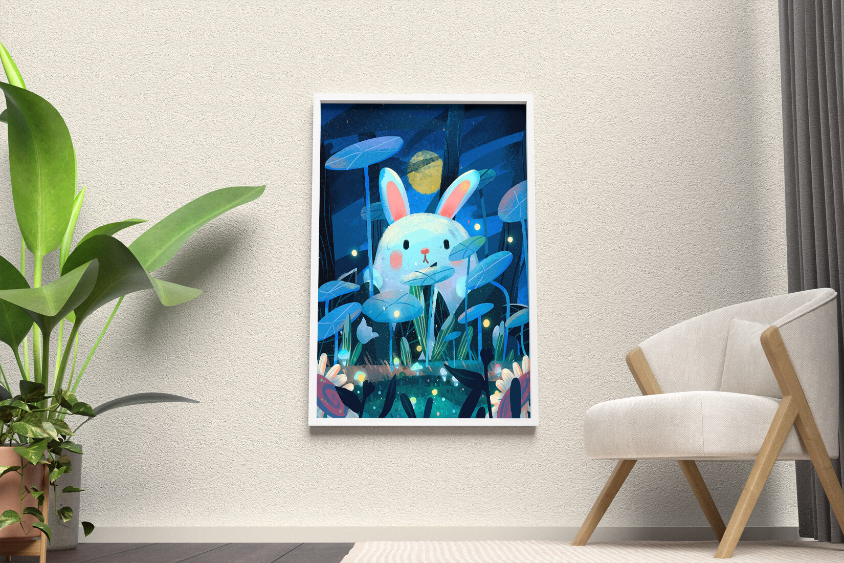 Cute rabbit in a dreamy moonlit forest