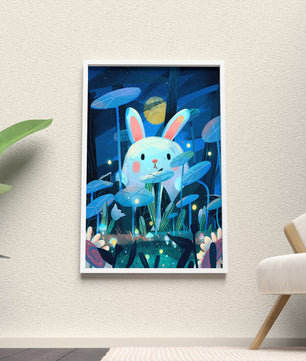 Cute rabbit in a dreamy moonlit forest