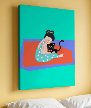 Gemütliche Illustration eines Mädchens, das eine Katze auf einer bunten Matte umarmt