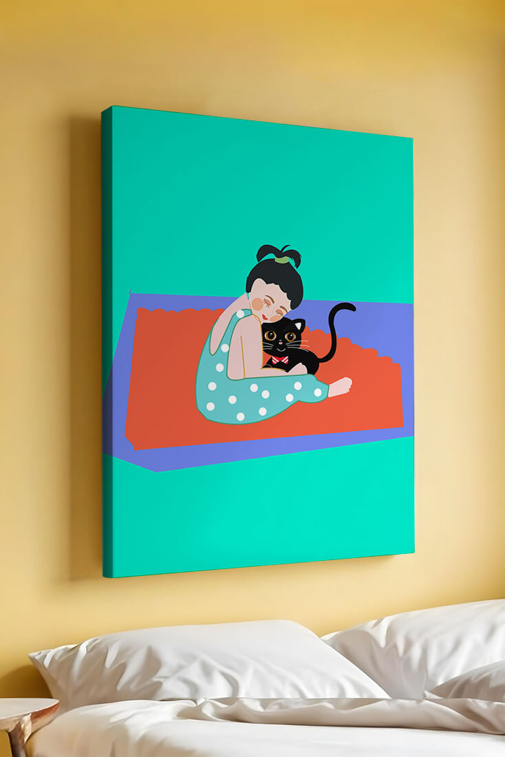 Gemütliche Illustration eines Mädchens, das eine Katze auf einer bunten Matte umarmt