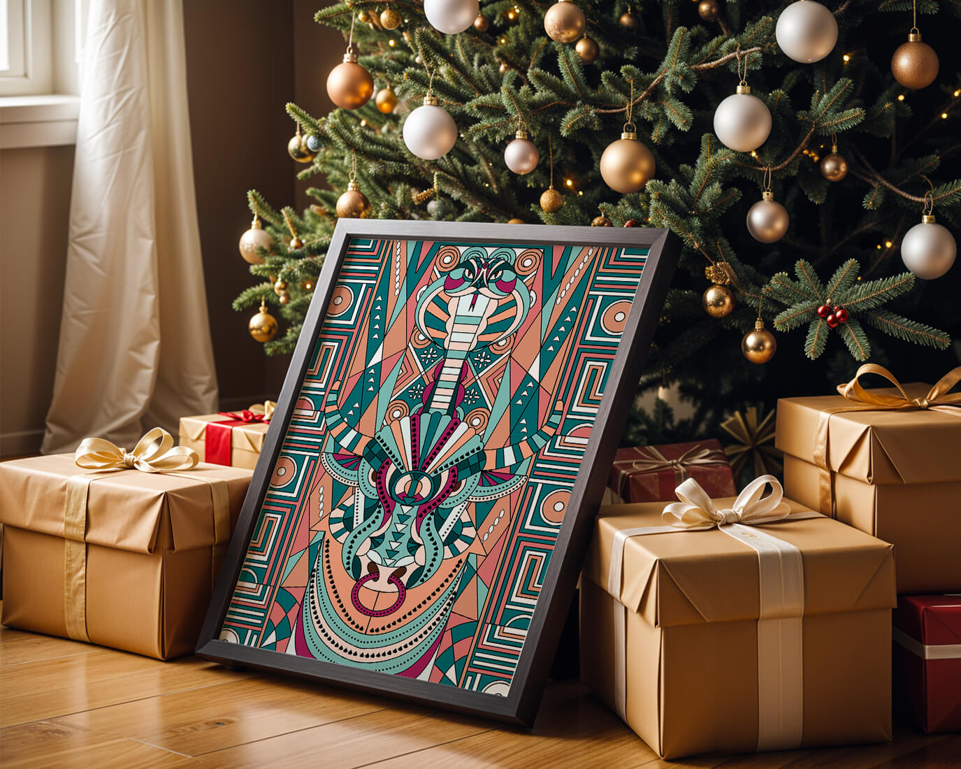 Arte tribal geométrico con motivos de serpiente y toro