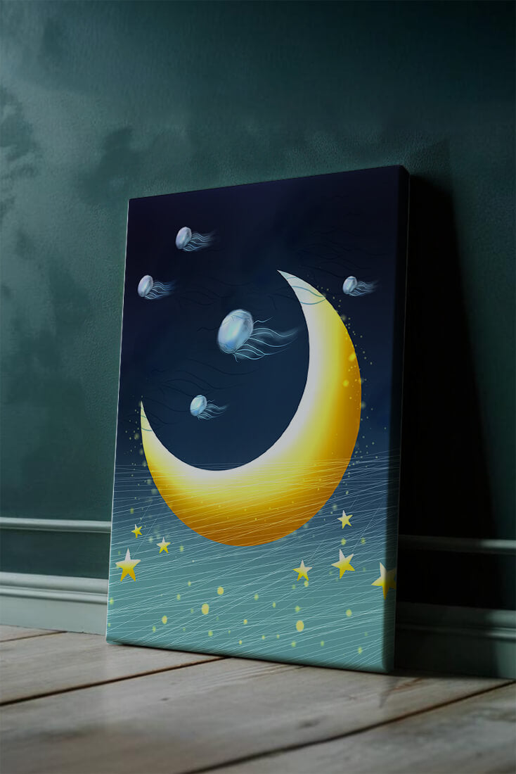 Night sky with golden crescent moon and jellyfish drifting