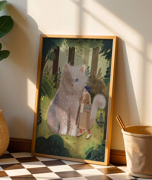 Verzauberter Wald mit einer riesigen Katze und einer Frau