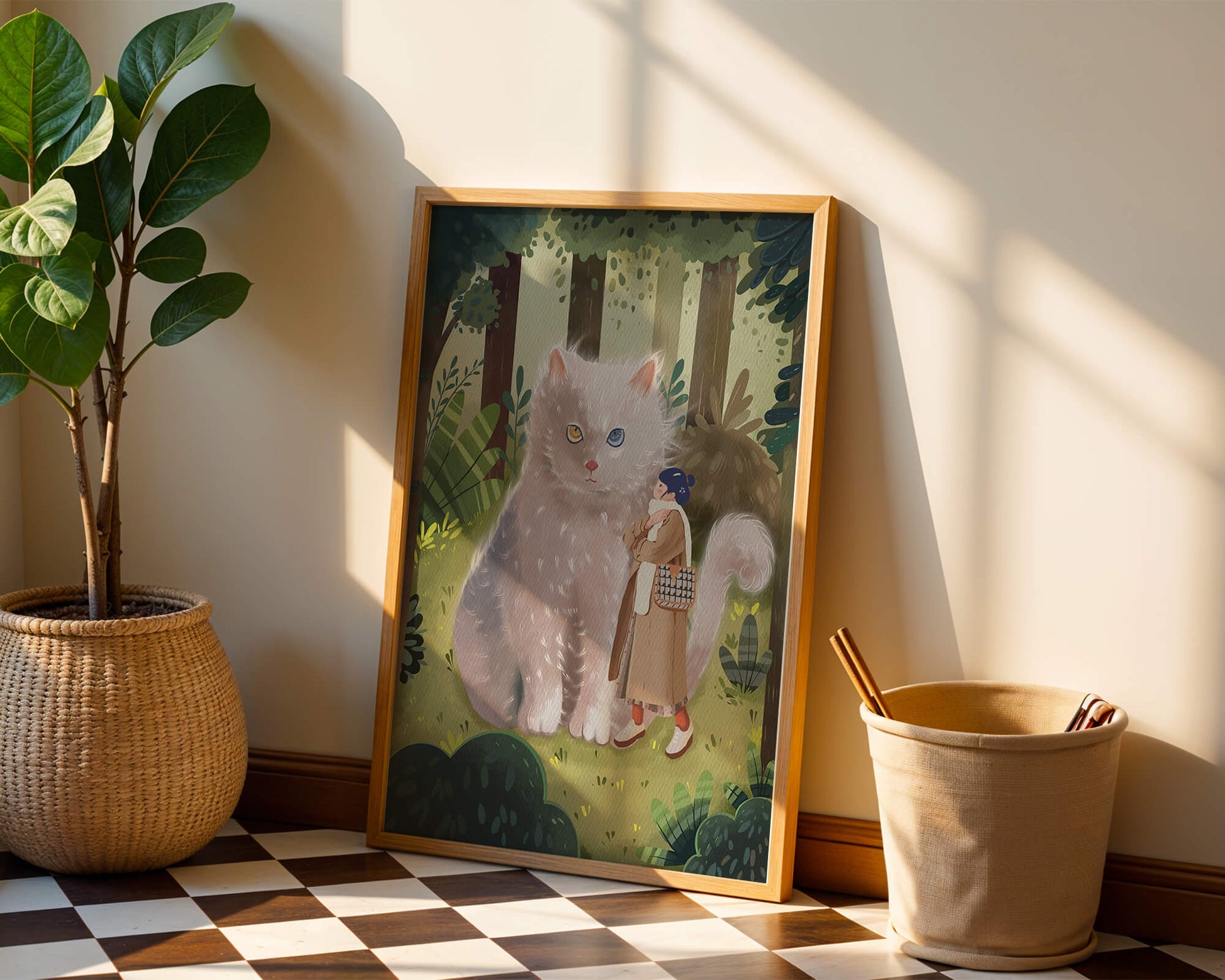 Verzauberter Wald mit einer riesigen Katze und einer Frau