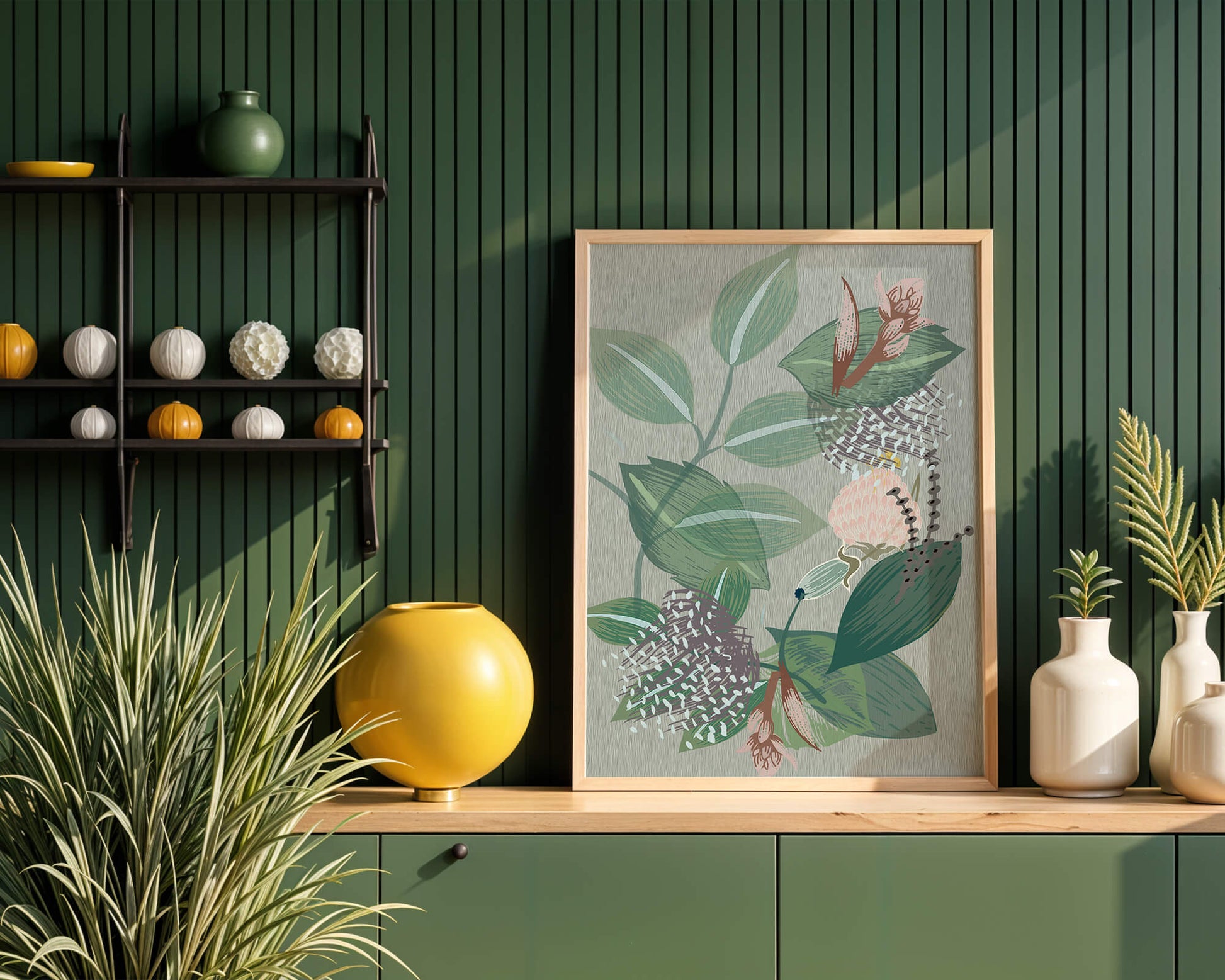 Floral botanical pattern with green leaves and delicate flowers