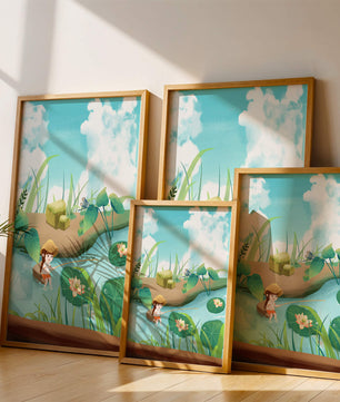 Ruhige Illustration eines Kindes, das an einem Teich mit Seerosen angelt