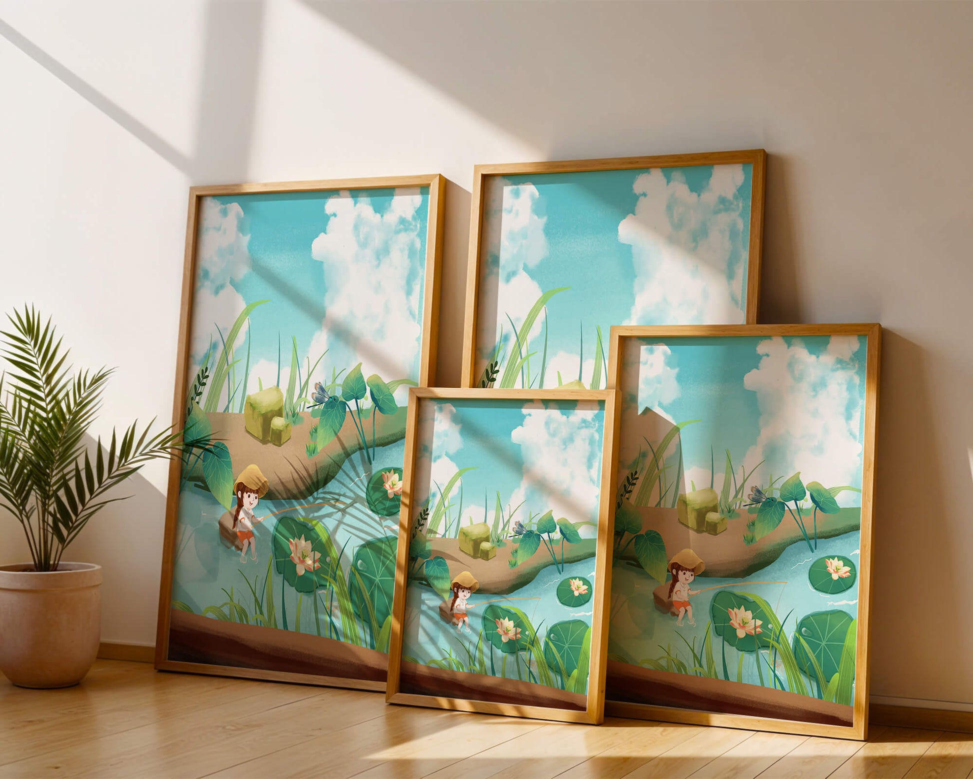 Ruhige Illustration eines Kindes, das an einem Teich mit Seerosen angelt