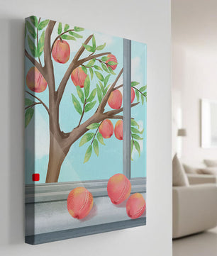 Peach tree outside a window with ripe peaches and sunny sky