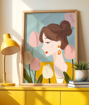Serene woman surrounded by pastel tulips illustration