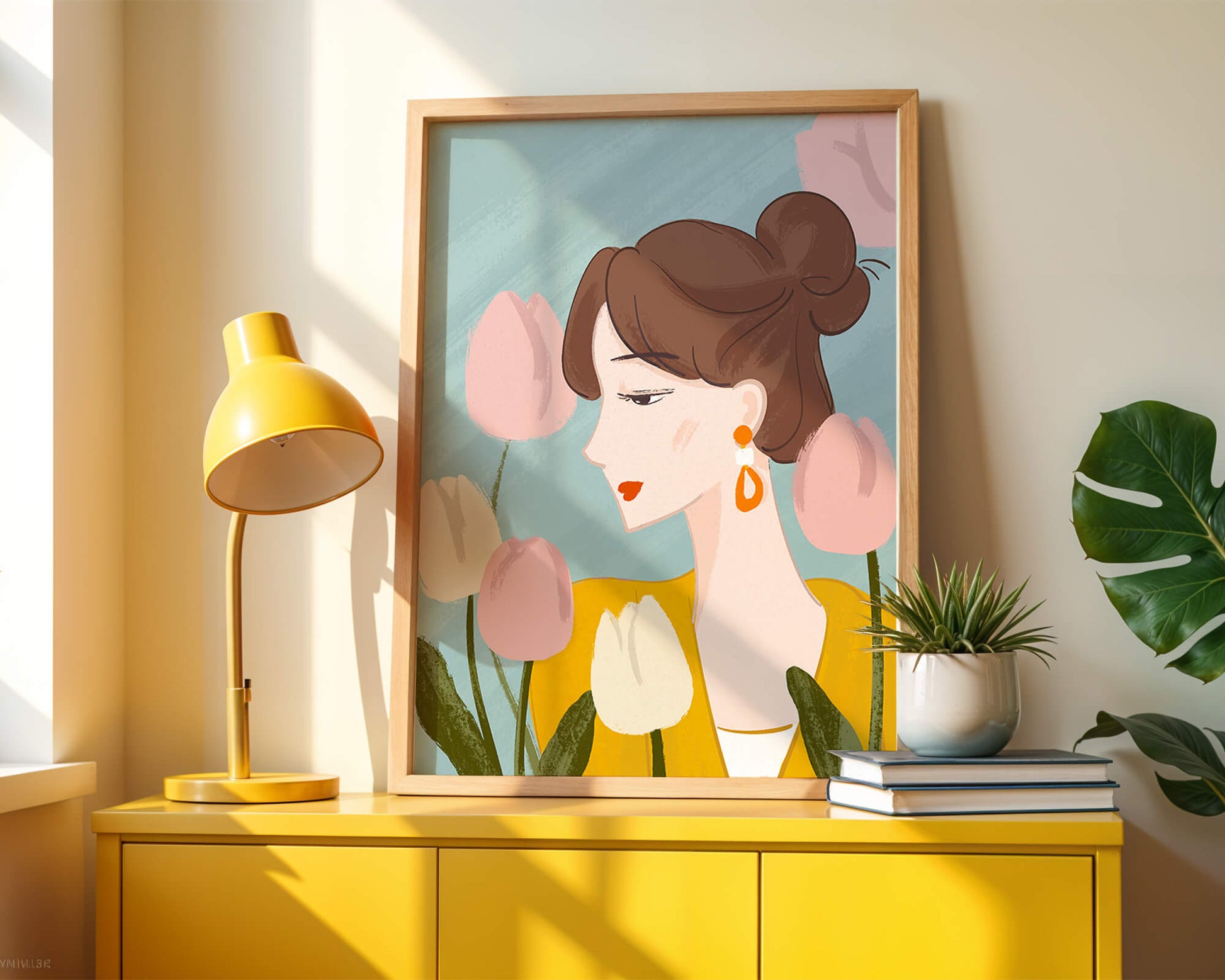 Serene woman surrounded by pastel tulips illustration