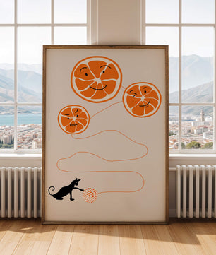 Ilustración juguetona de naranjas con un gato y ovillo de hilo