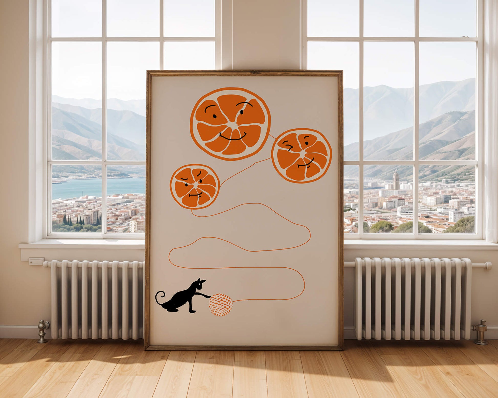 Playful illustration of oranges with cat and yarn