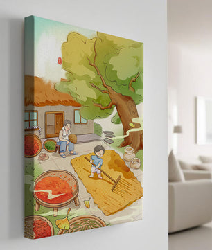 Escena rural encantadora con niño secando granos bajo el árbol