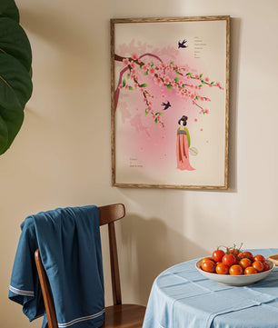 Art chinois traditionnel avec des fleurs de cerisier et une silhouette élégante