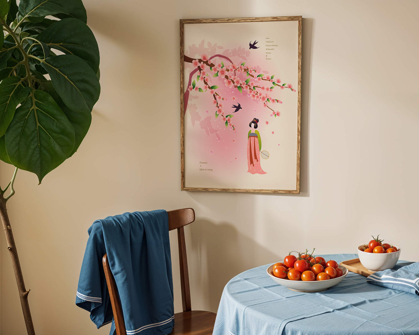 Traditional Chinese art with cherry blossoms and elegant figure