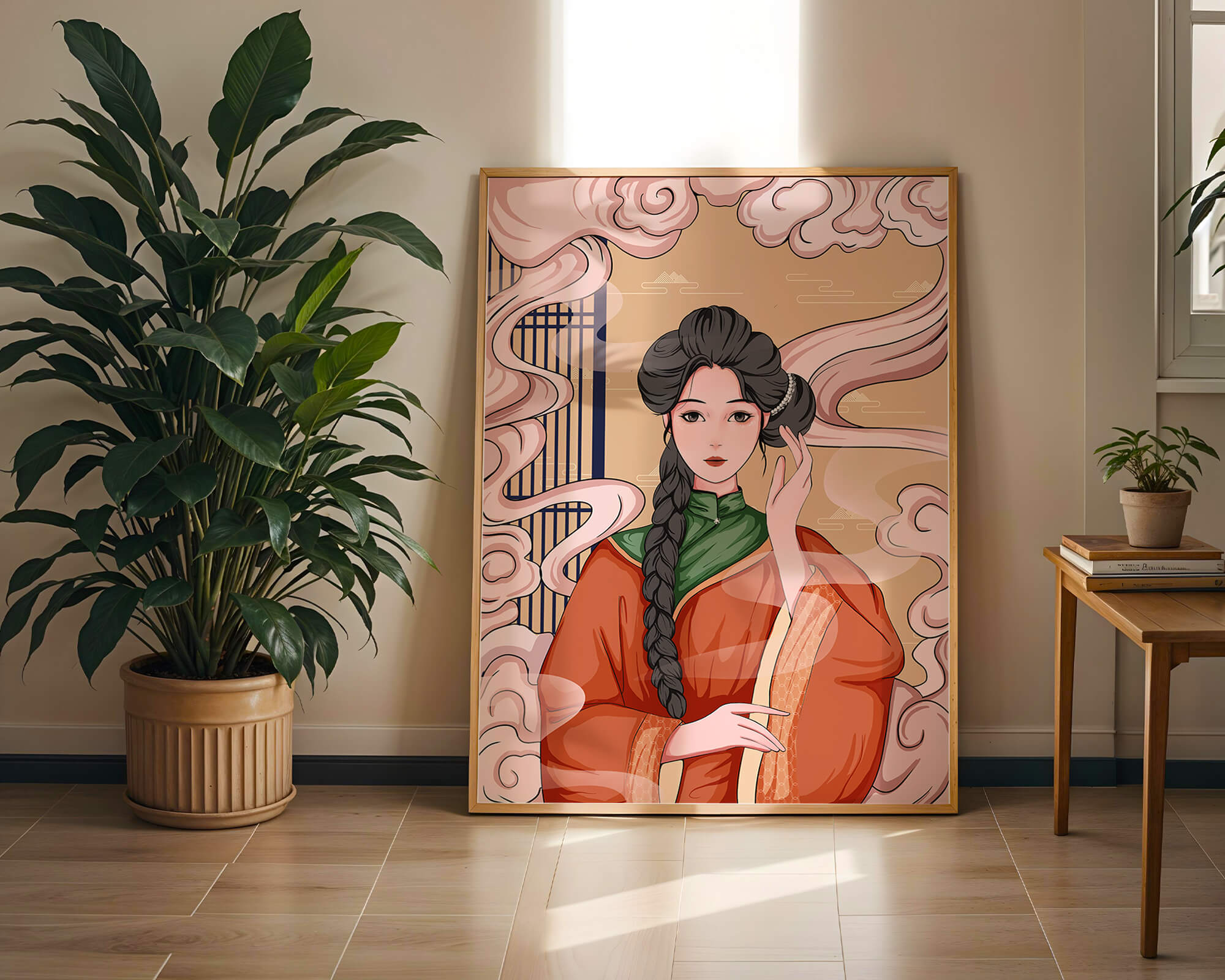Elegant depiction of a woman in traditional attire with swirling clouds