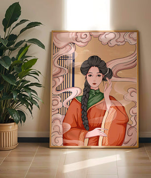 Elegante representación de una mujer con atuendo tradicional y nubes giratorias