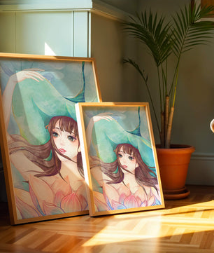 Serene water-inspired portrait of a woman with flowers