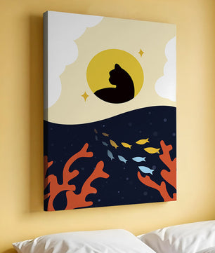 Ruhiges abstraktes Design mit Katzensilhouette und lebendiger Unterwasserszene