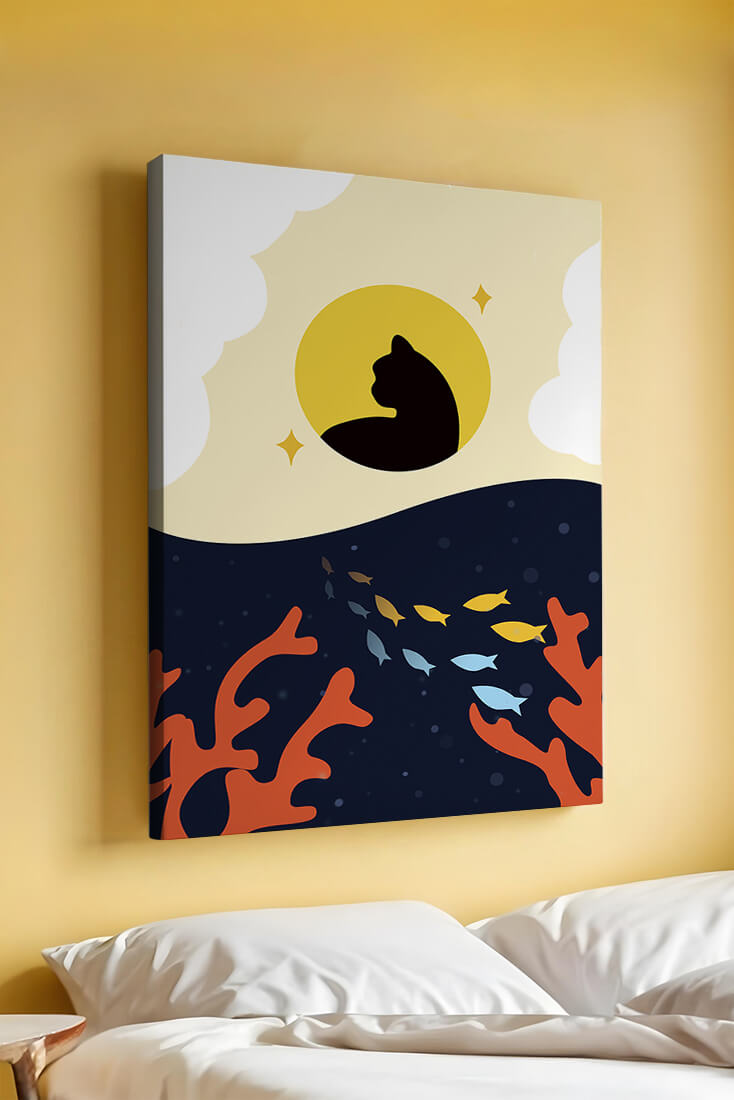 Ruhiges abstraktes Design mit Katzensilhouette und lebendiger Unterwasserszene