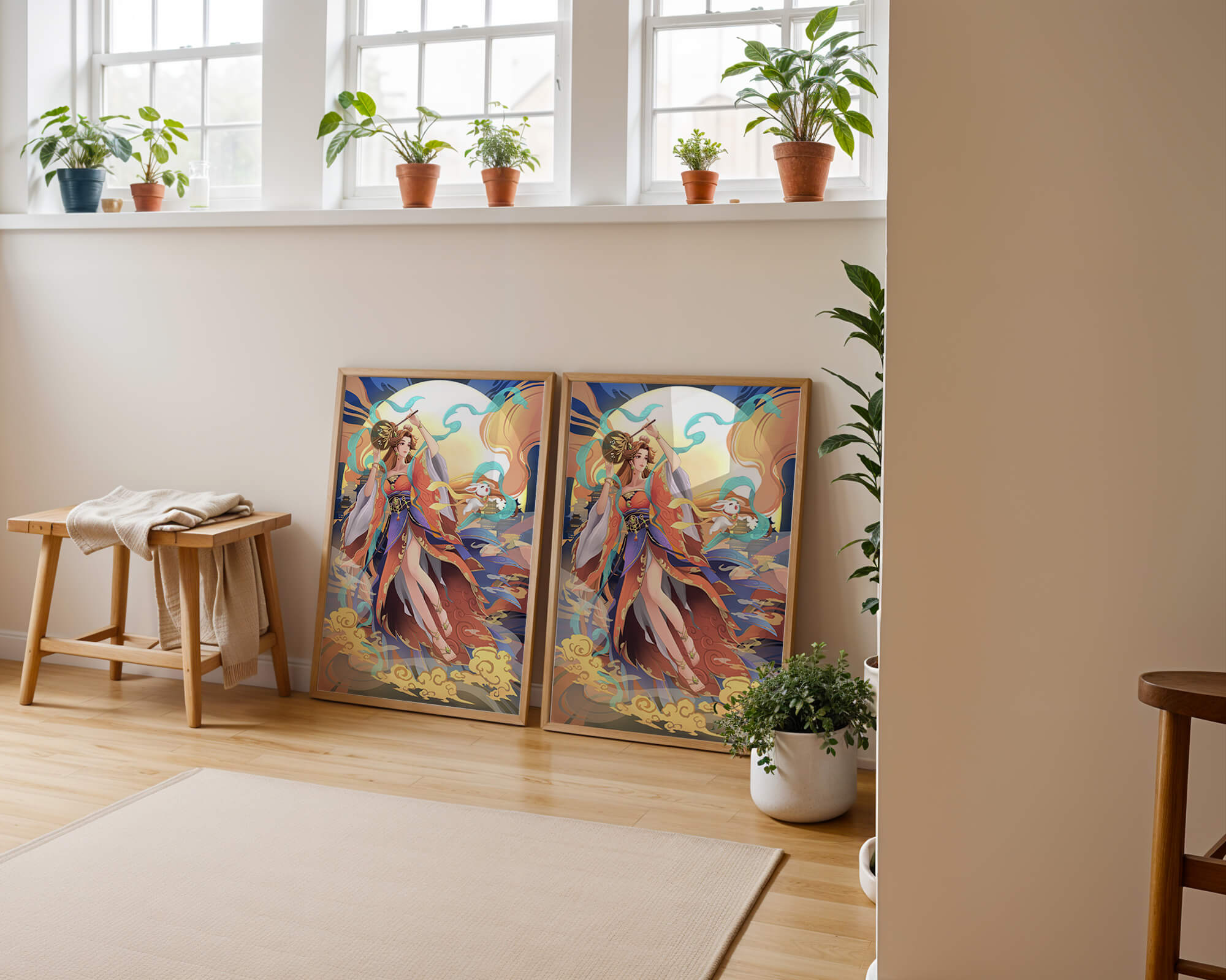 Elegant goddess with flowing robes against a mystical backdrop
