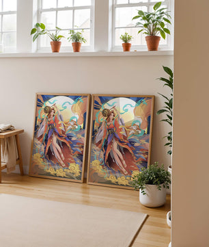 Elegant goddess with flowing robes against a mystical backdrop