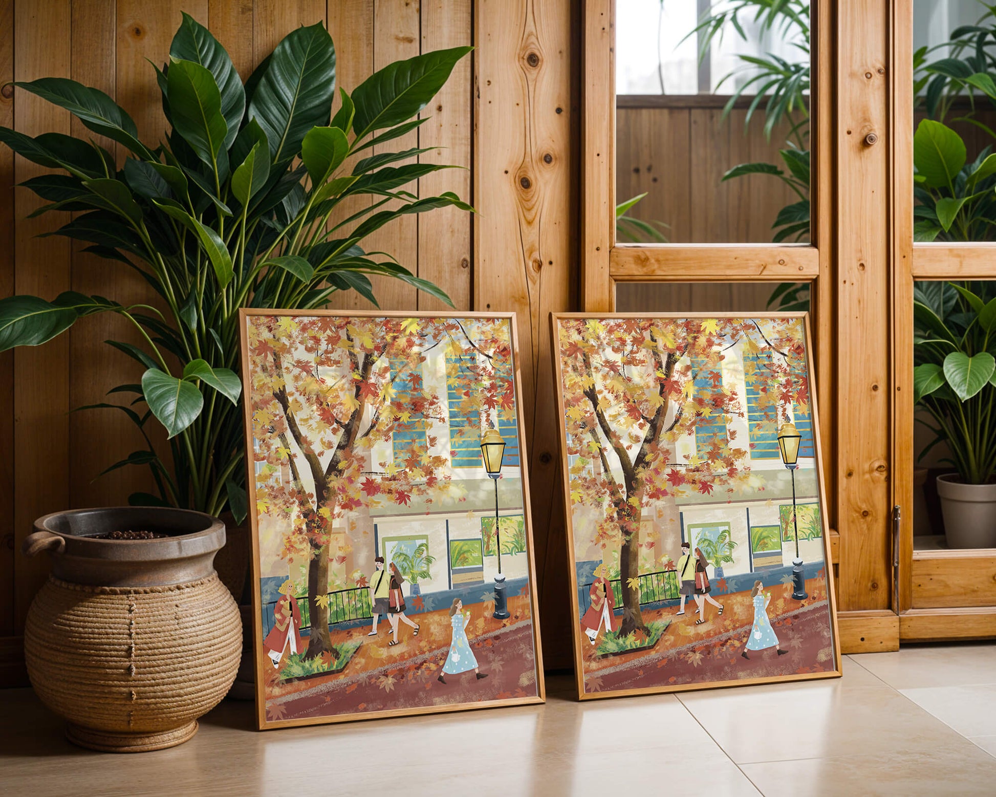 Calle de la ciudad en otoño con hojas coloridas y personas caminando