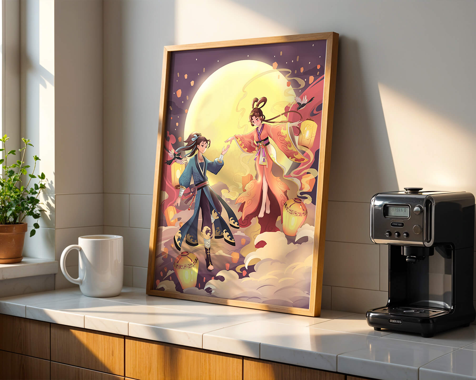 Elegant moonlit fantasy scene with traditional attire