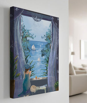 Peaceful Seaside View Through Open Window with Girl and Cat