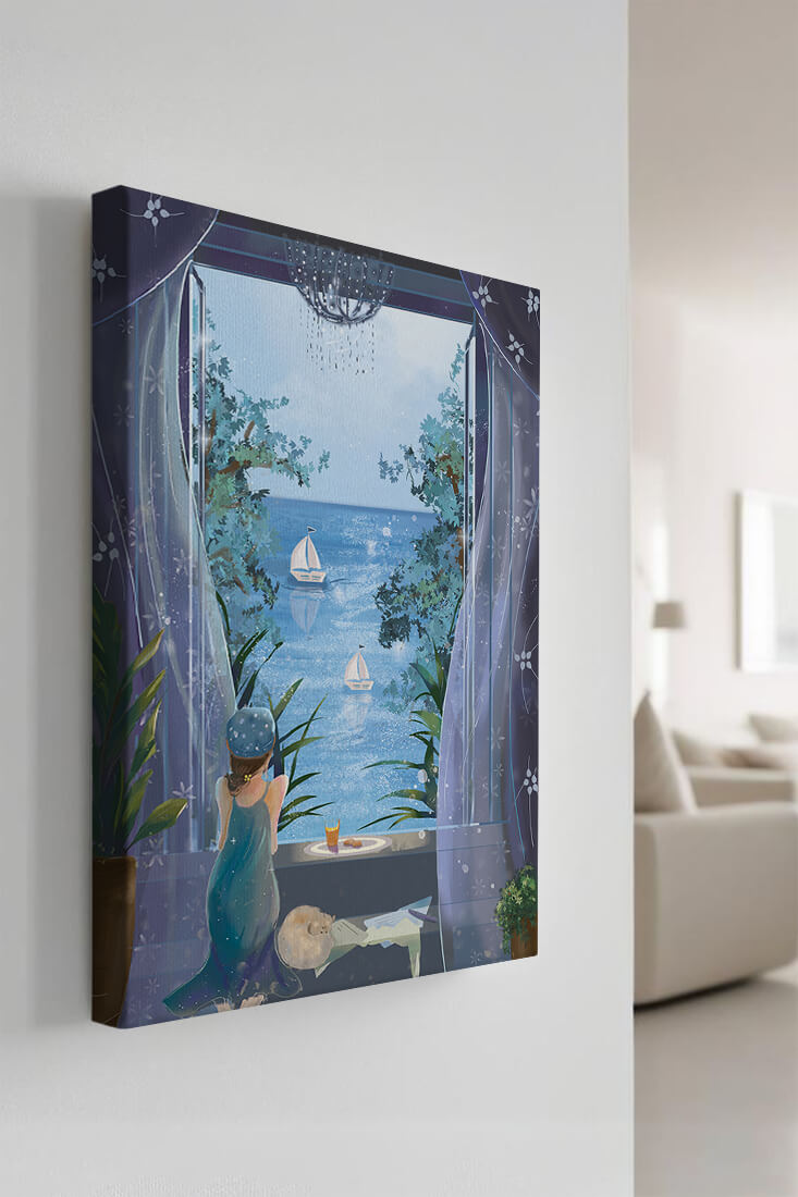 Peaceful Seaside View Through Open Window with Girl and Cat