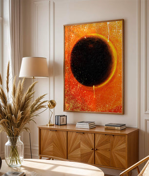 Abstract Representation of a Solar Eclipse with Vibrant Orange and Black Contrast