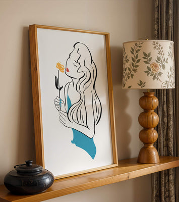 Stylized illustration of a woman with a flower and abstract elements