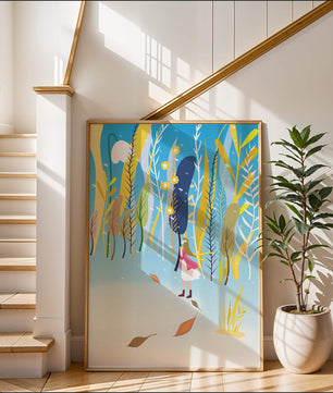 Ilustración caprichosa de una niña en un bosque abstracto vibrante