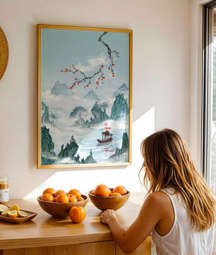 Chinese Landscape with Cherry Blossoms and Boat in Misty Mountains - Mi tienda
