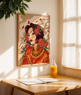 Elegantes Porträt einer Frau in traditioneller Kleidung mit floralem Haarschmuck