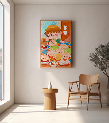 Festive cartoon illustration of a child enjoying dumplings during winter solstice