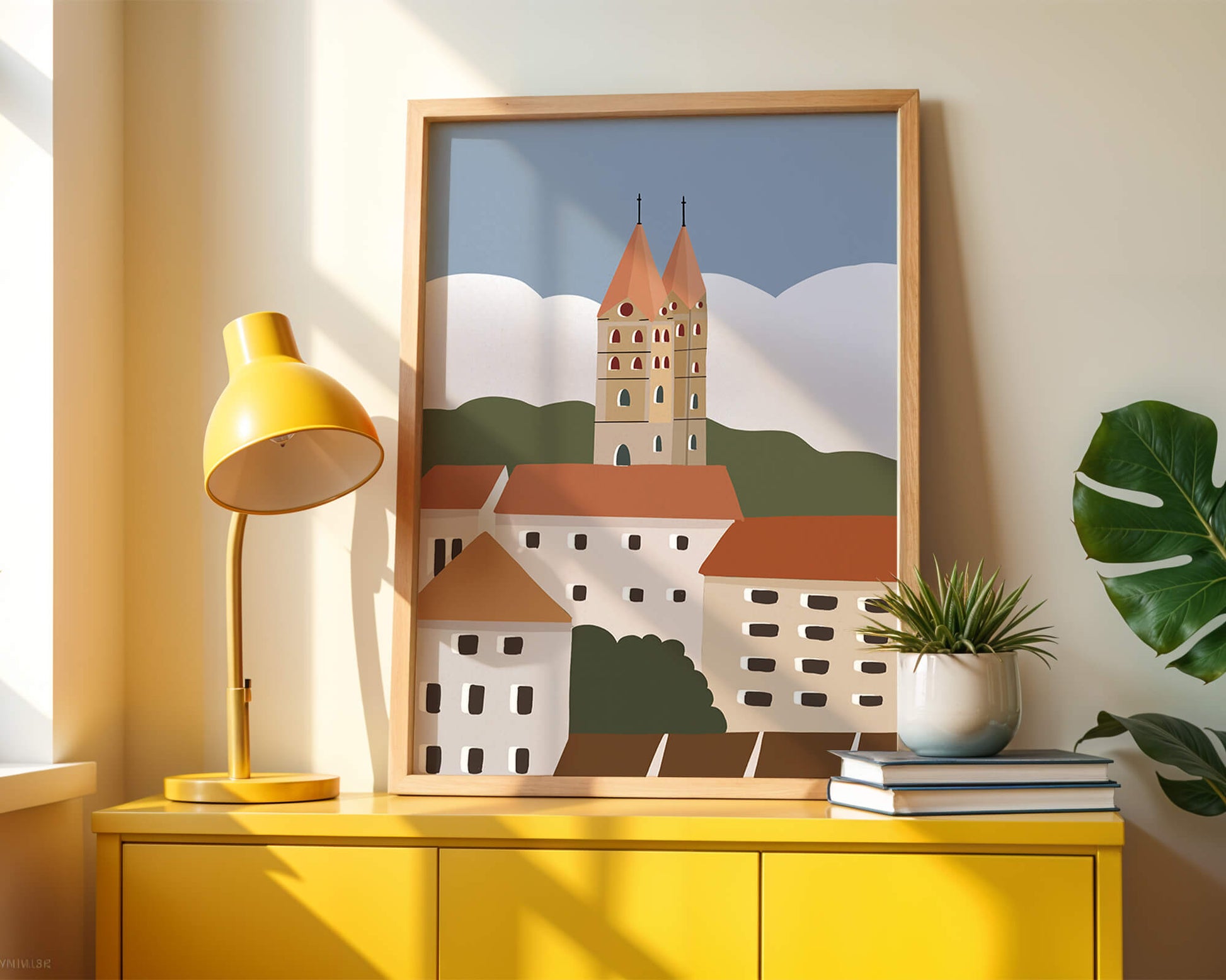 Charming European Cityscape with Church Towers and Colorful Buildings