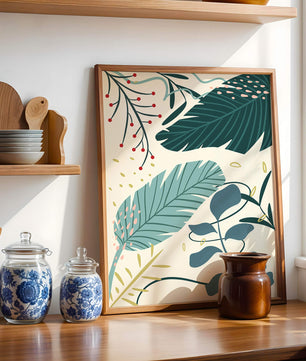 Abstract Botanical Illustration with Colorful Leaf Patterns