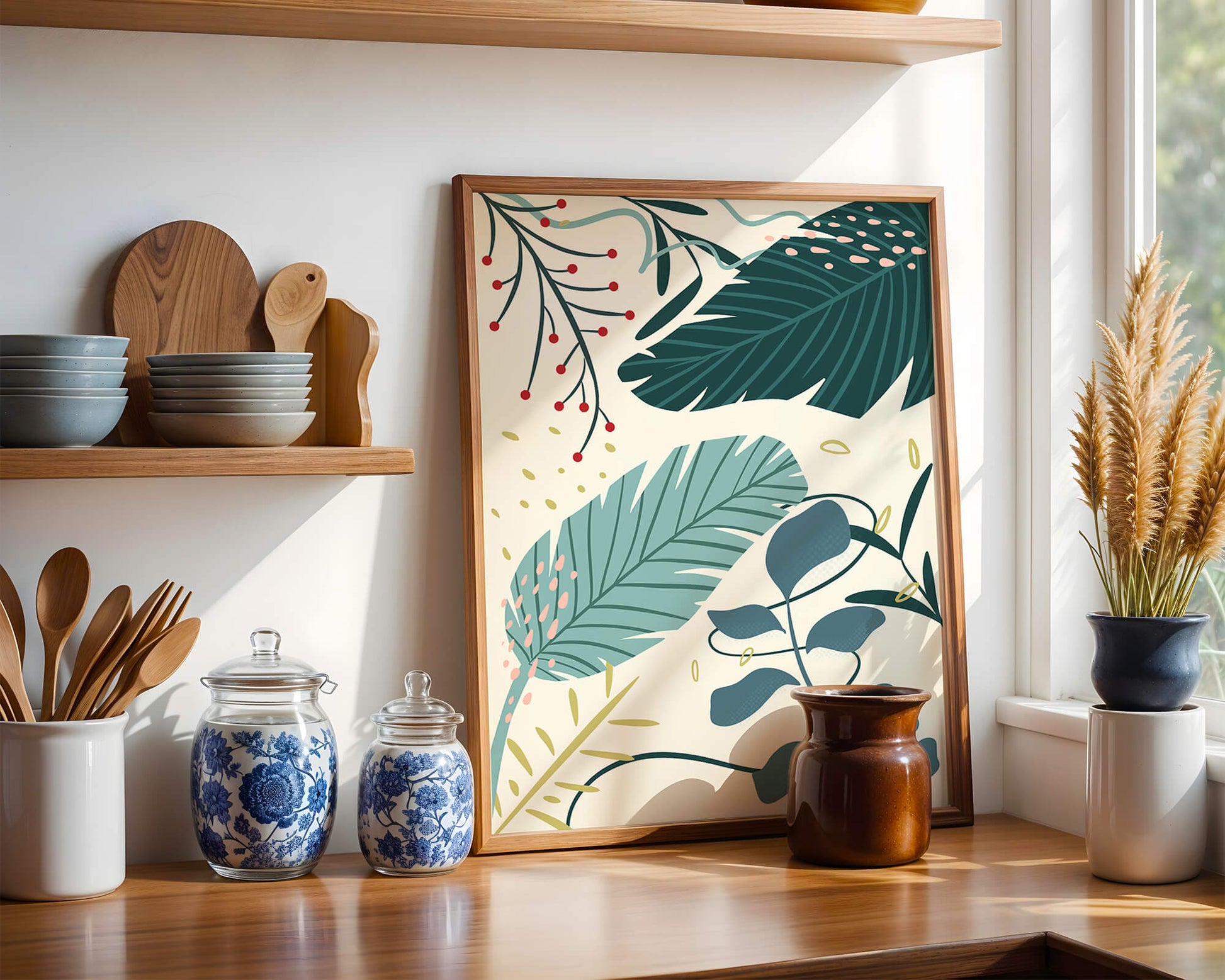 Abstract Botanical Illustration with Colorful Leaf Patterns