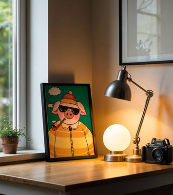 Stylish pig with sunglasses and pipe against a teal sky