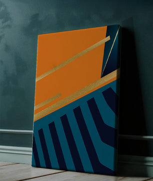 Moderne geometrische Abstraktion mit goldenen Elementen und kräftigen Farben 