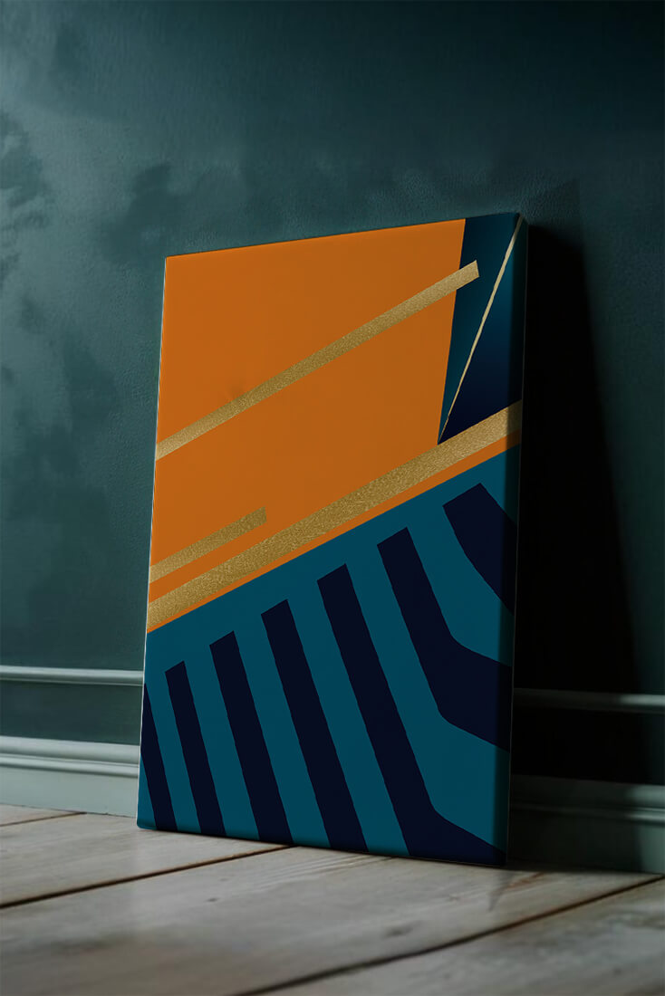 Moderne geometrische Abstraktion mit goldenen Elementen und kräftigen Farben 