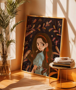 Ilustración elegante de una chica rodeada de follaje abstracto