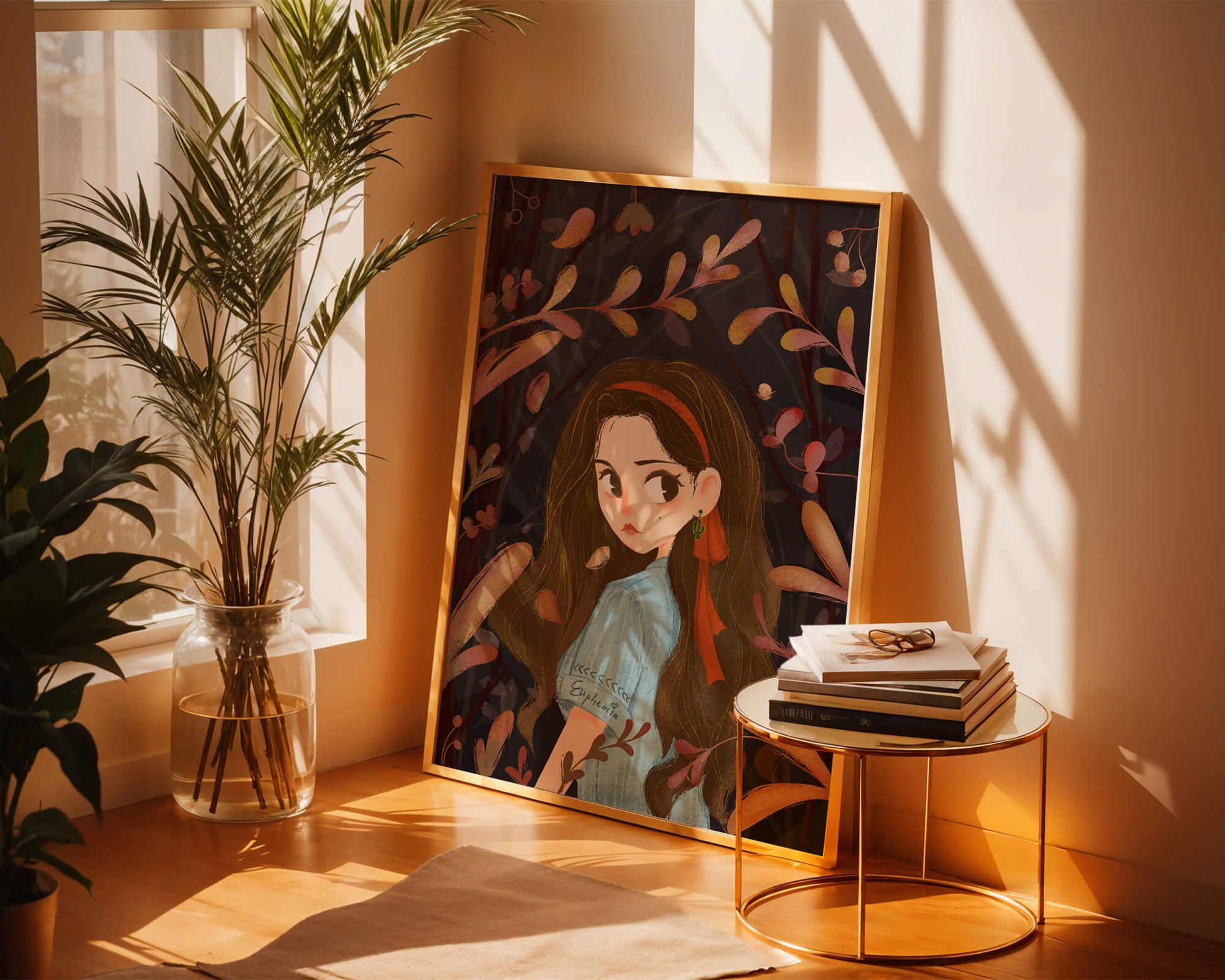 Elegante ilustración de una niña rodeada de follaje abstracto.