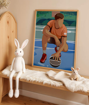 Ilustración de un jugador de baloncesto en la cancha en una pose dinámica
