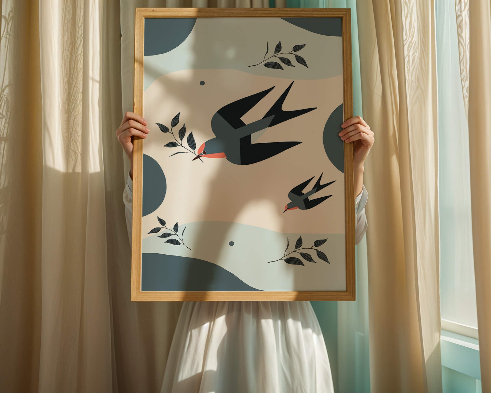Ilustración abstracta de golondrinas con hojas y formas geométricas